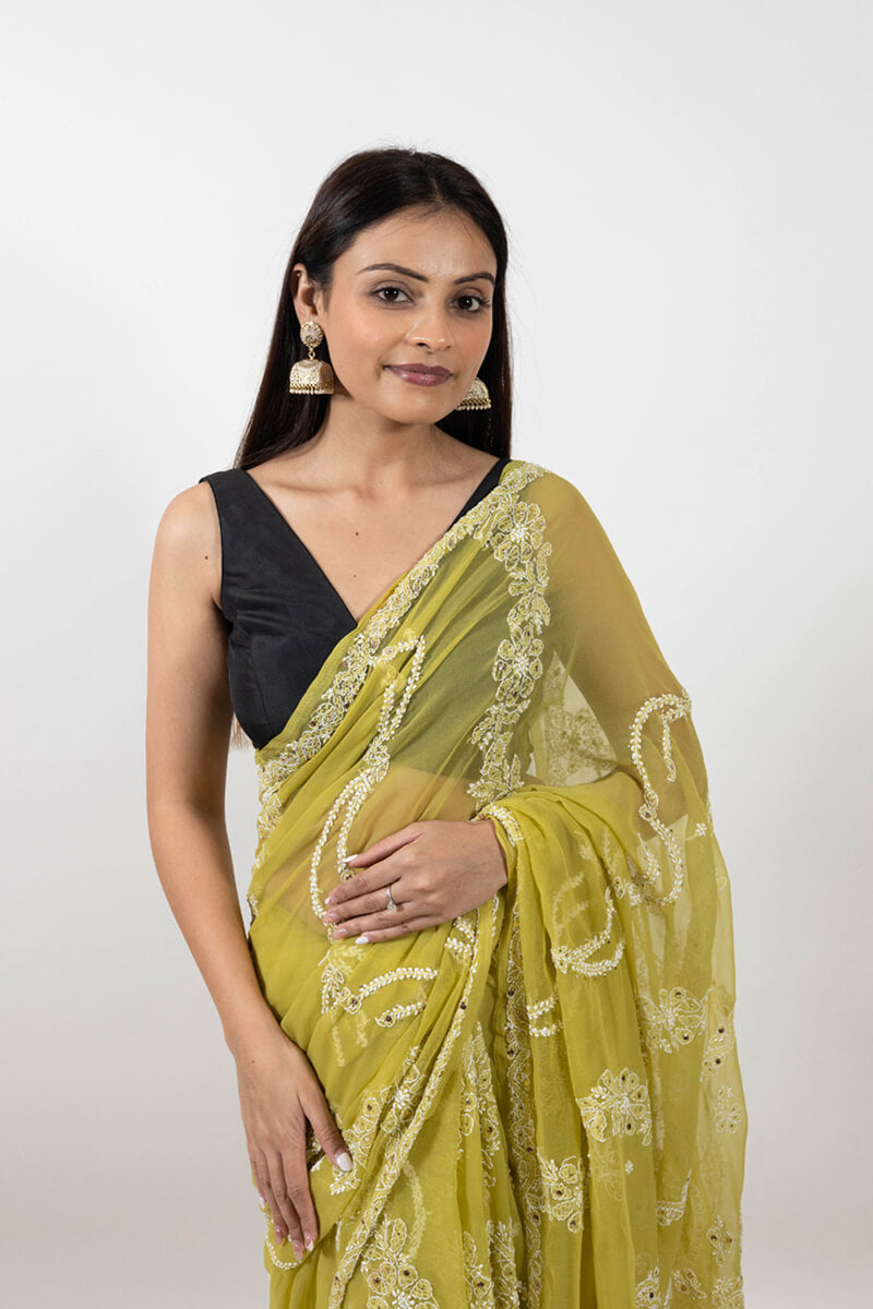 Mehndi Green Chikankari Saree with Mukesh Work