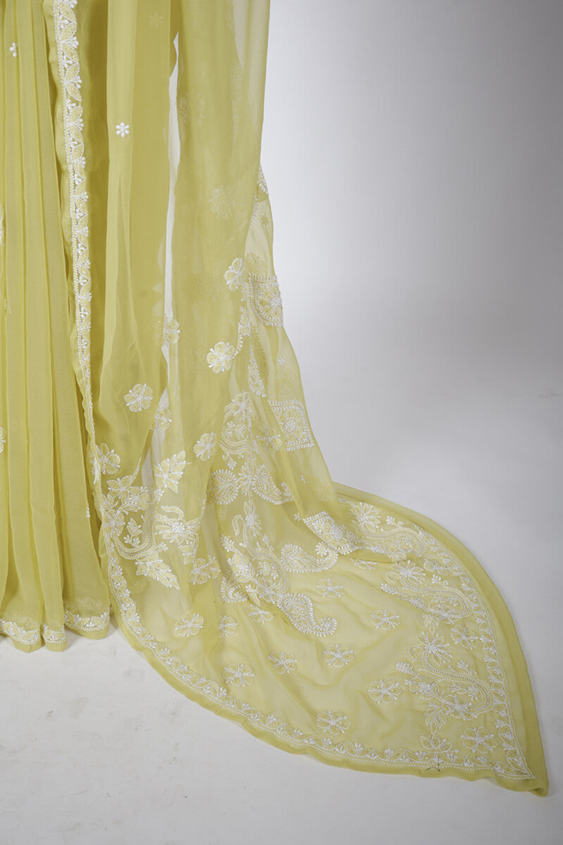 Mehndi Green Georgette Saree with Pearl & Katdana Work