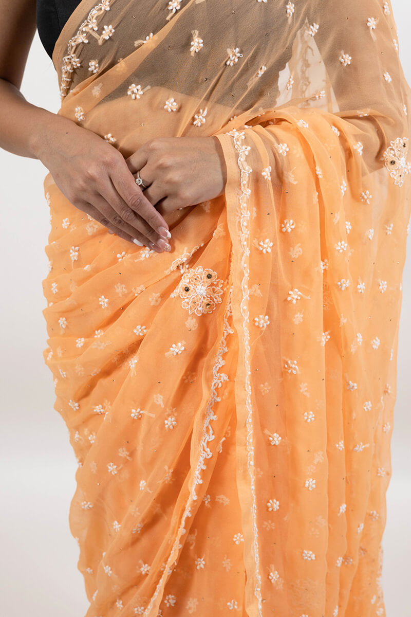 Orange Georgette Saree with Mukesh Work & White Chikankari Embroidery