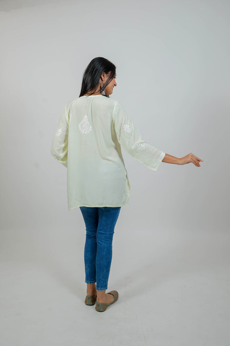 Lime Yellow Mul Cotton Chikankari Short Kurti