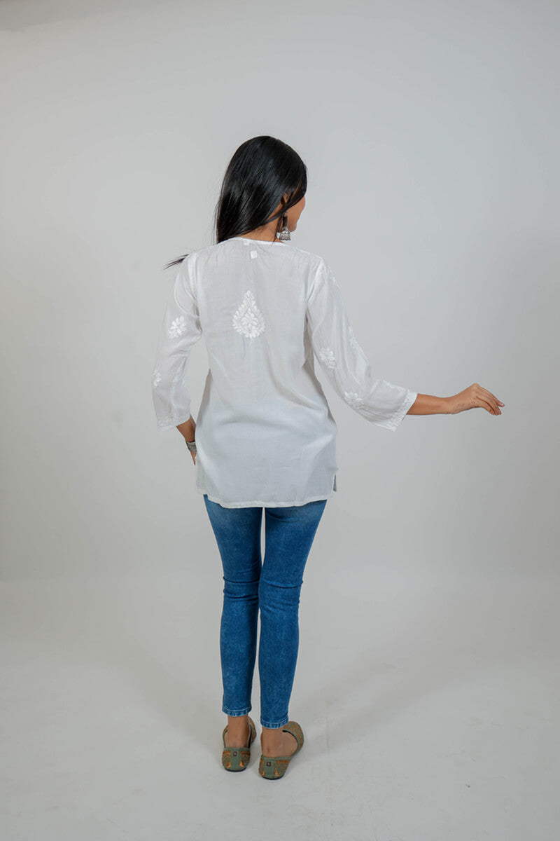 White Mul Cotton Chikankari Short Kurti