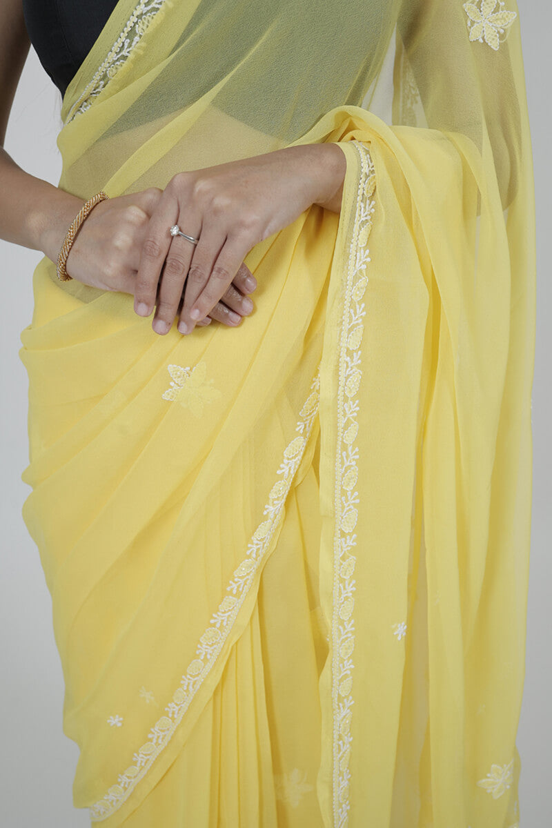 Yellow Georgette Saree with Pearl & Katdana Work