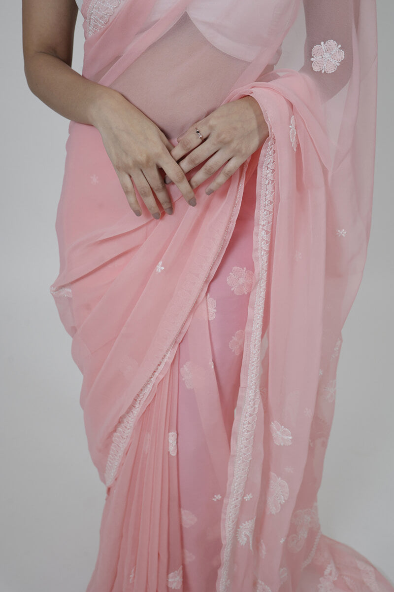 Pink Georgette Saree with Chikankari Embroidery
