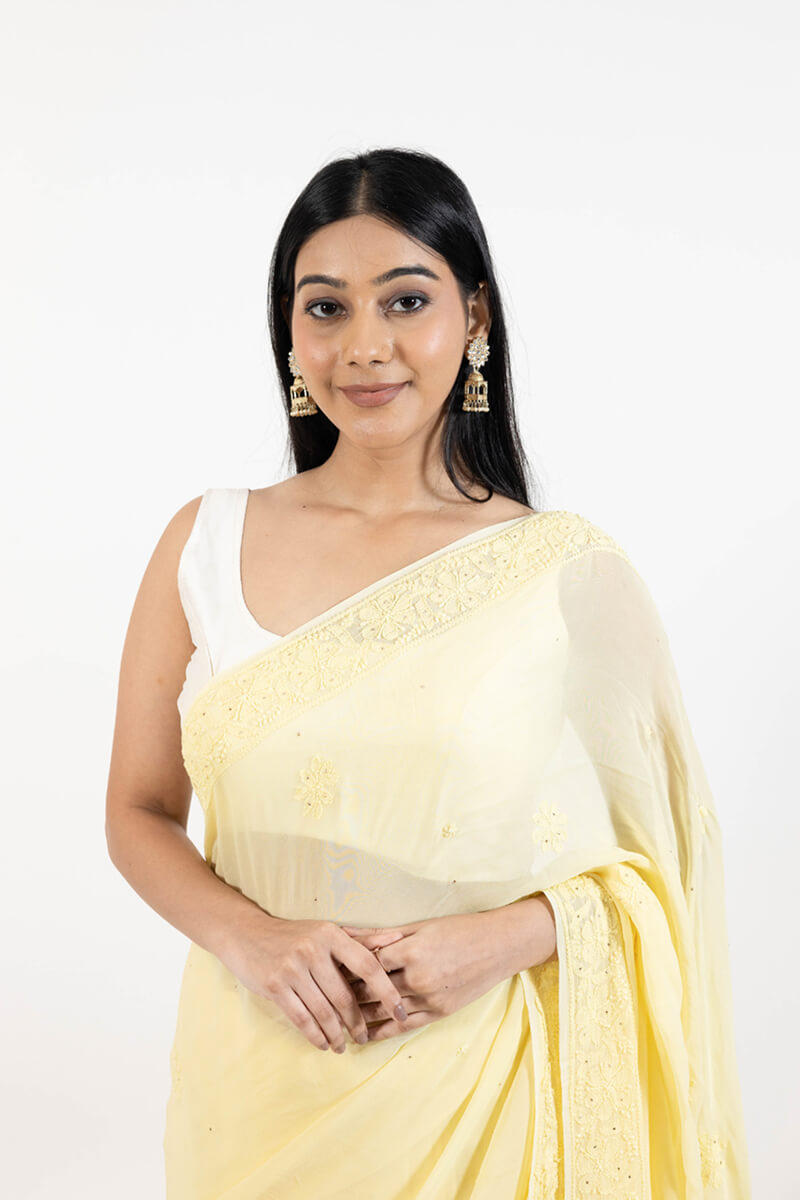 Yellow Georgette Saree with Mukesh Work & Resham Dhaga Embroidery