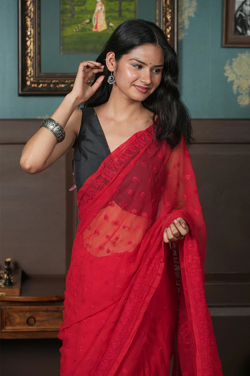 Scarlet Red Georgette Saree with Bold Traditional Chikankari Embroidery