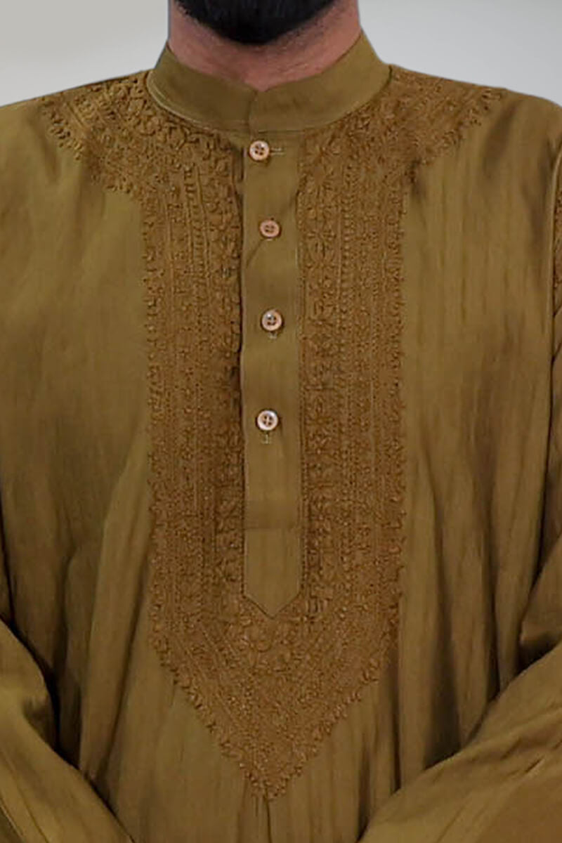 Olive Green Soft Cotton Chikankari Men Kurta