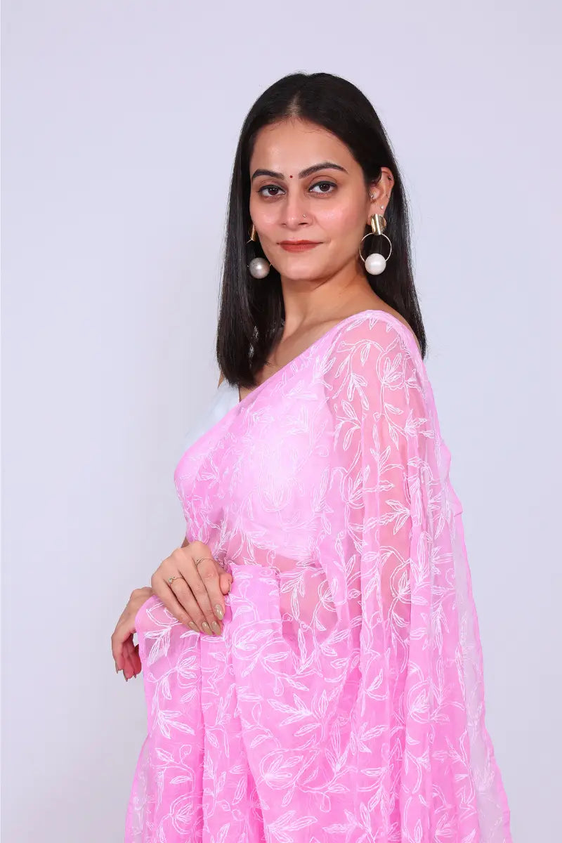 Pink Chikankari Saree with Handcrafted Floral Beauty