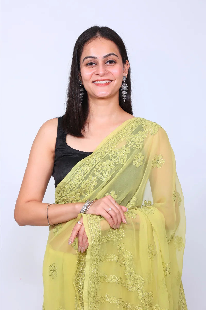 Olive Green Georgette Saree with Sophisticated Chikankari Embroidery