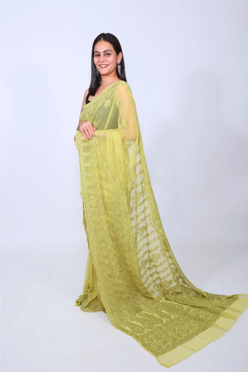Olive Green Georgette Saree with Sophisticated Chikankari Embroidery