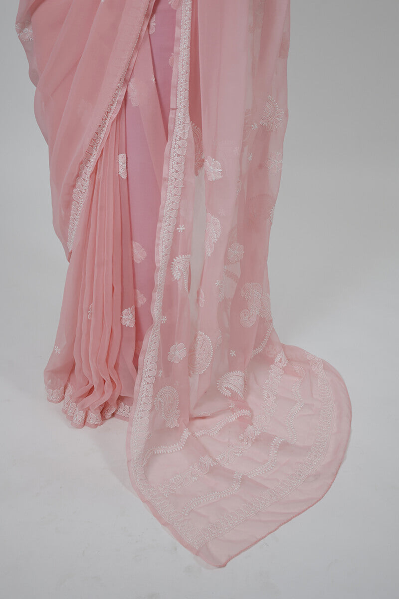 Pink Georgette Saree with Chikankari Embroidery