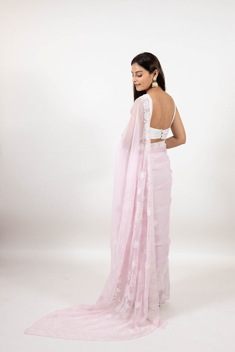 Baby Pink Georgette Saree with Katdana & Pearl Chikankari Embroidery