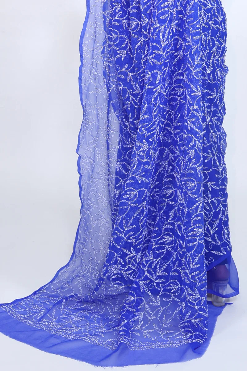 Royal Blue Chikankari Saree with Handcrafted Floral Beauty