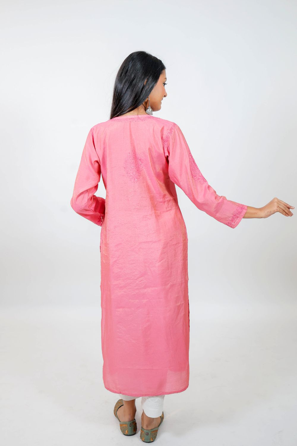 Pink Chanderi Silk Chikankari Kurti