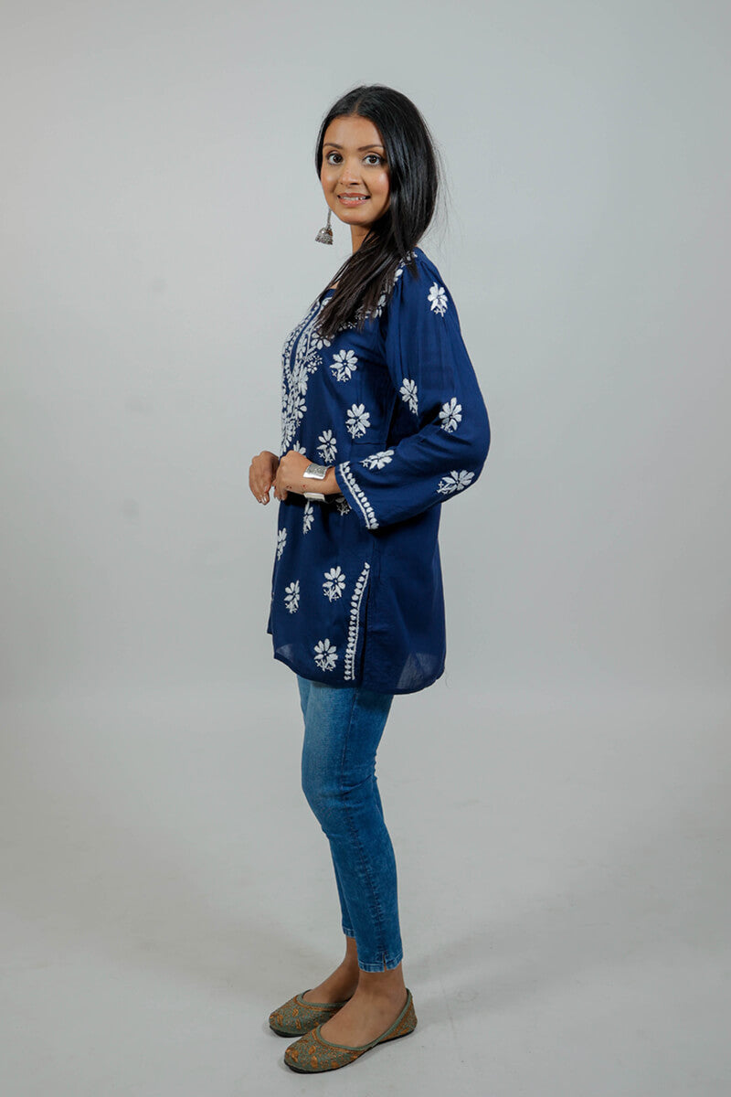 Navy Blue Mul Cotton Chikankari Short Kurti