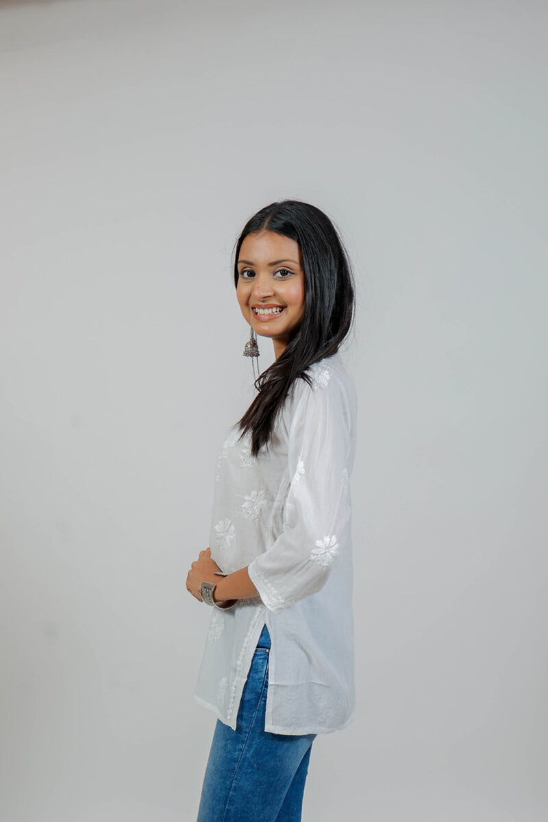 White Mul Cotton Chikankari Short Kurti