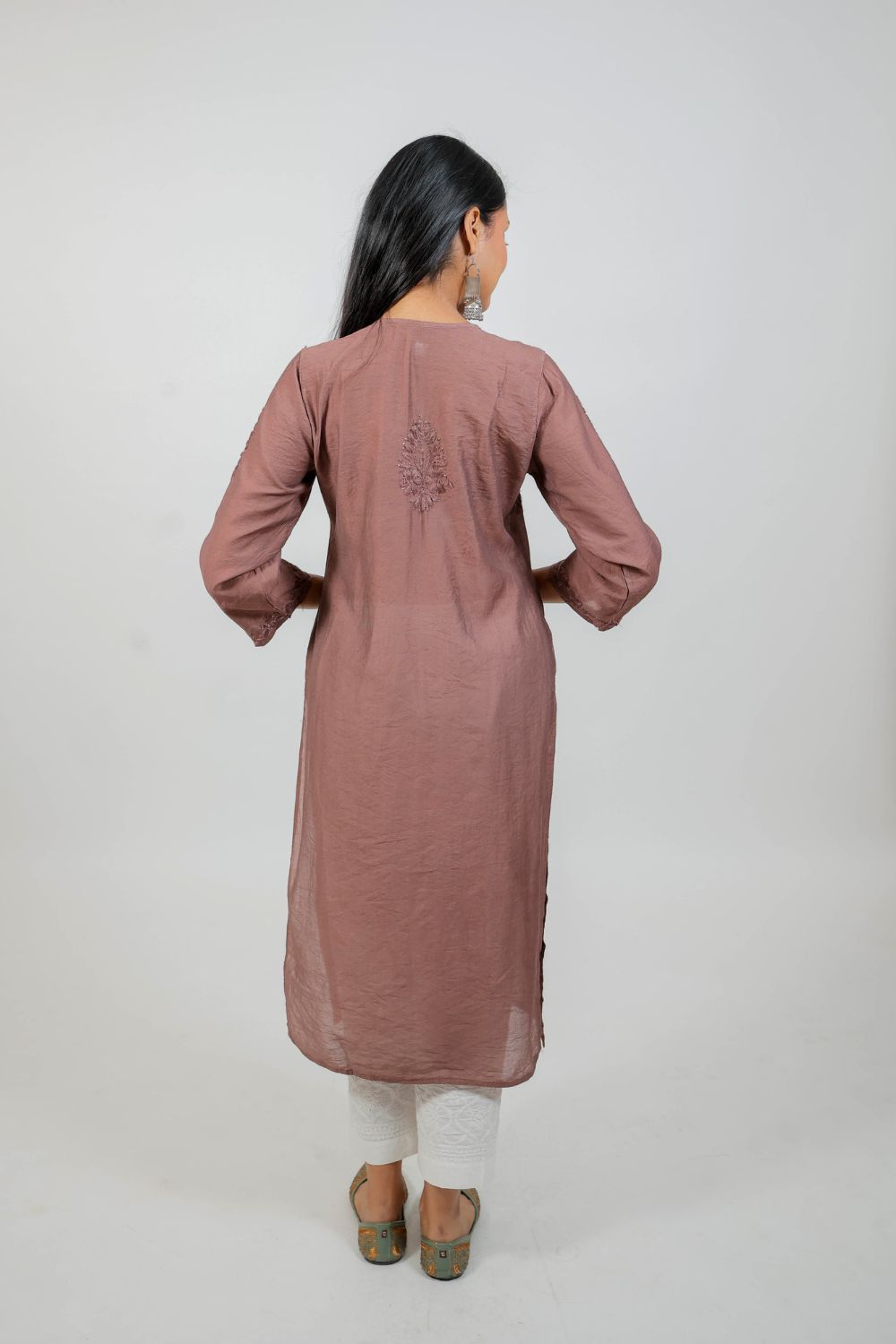 Choco Brown Chanderi Silk Chikankari Kurti
