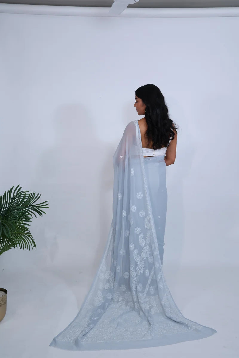 Grey Georgette Saree with Classic Chikankari Embroidery