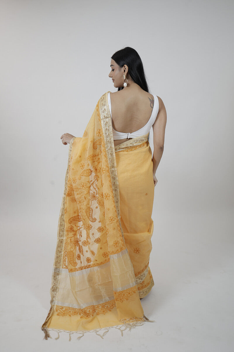Orange Kota Chikankari Hand-Embroidered Saree