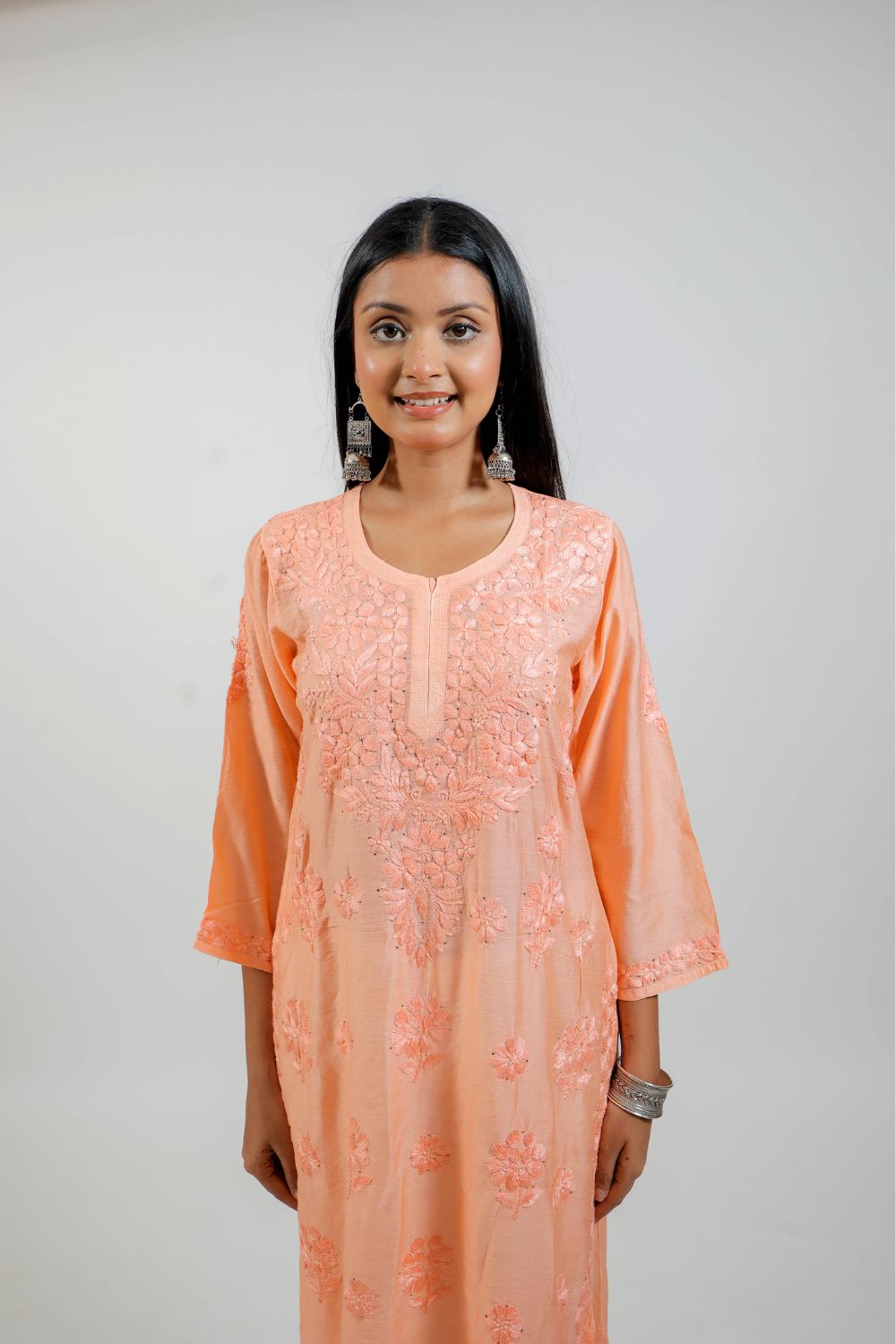 Peach Chanderi Silk Chikankari Kurti
