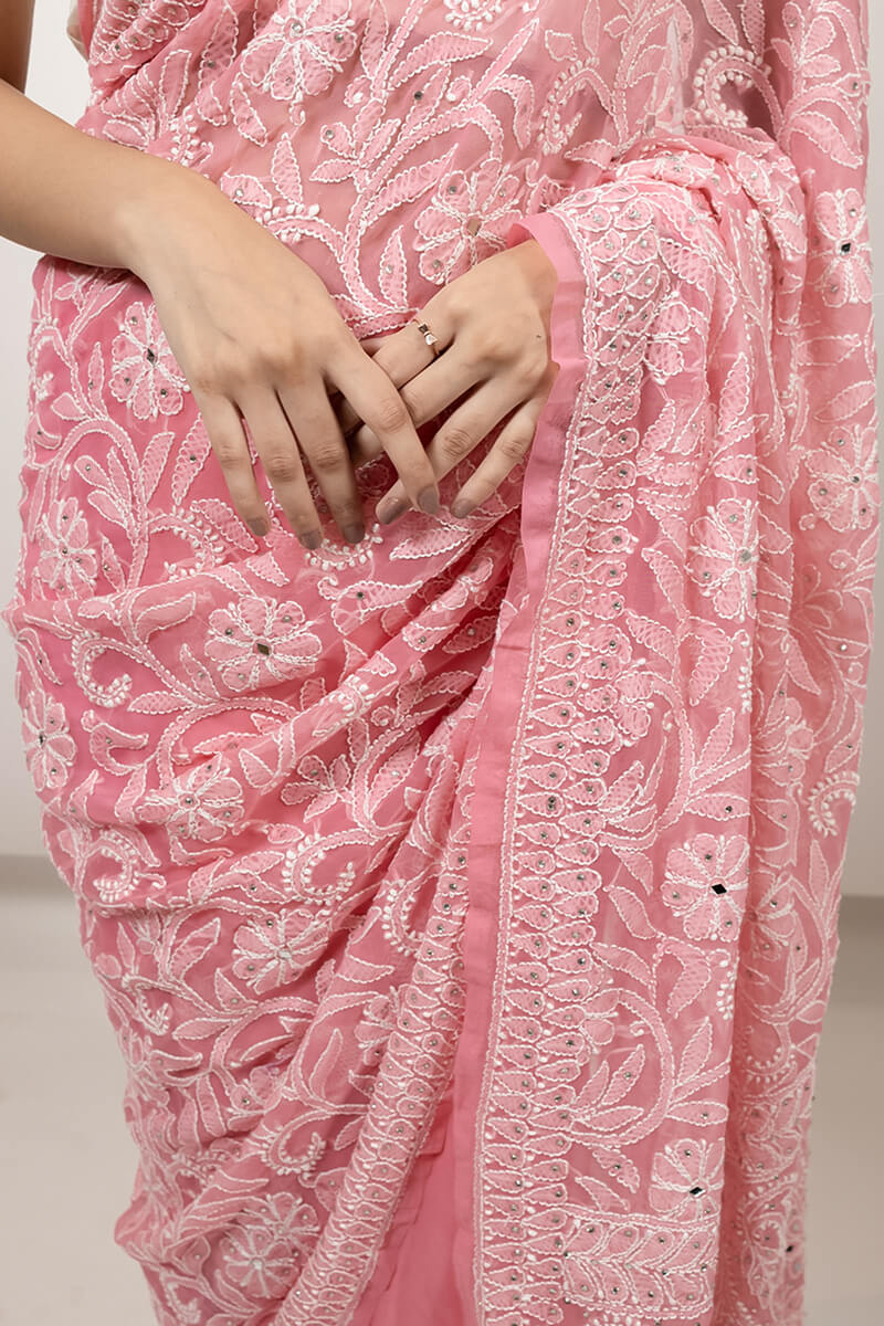 Pink Georgette Saree with Mukesh and Mirror Work & Chikankari Embroidery