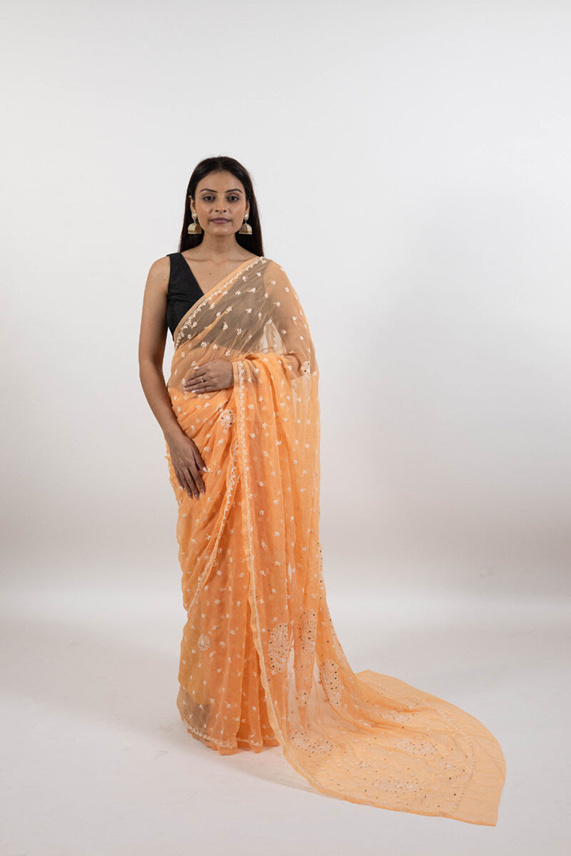 Orange Georgette Saree with Mukesh Work & White Chikankari Embroidery
