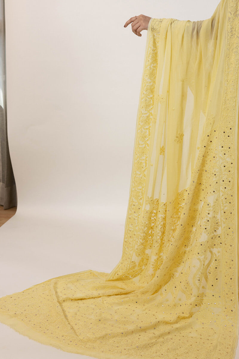 Yellow Georgette Saree with Mukesh Work & Resham Dhaga Embroidery
