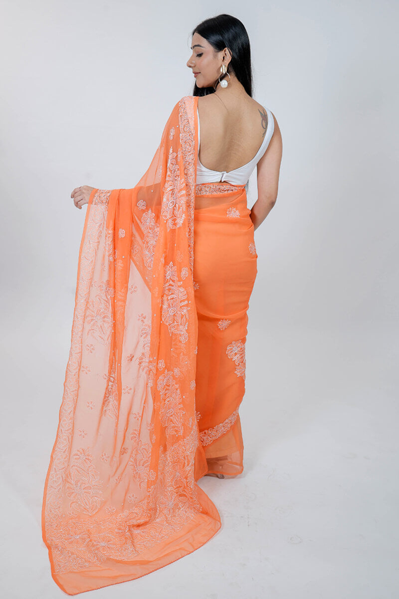 Orange Georgette Saree with Pearl & Katdana Work