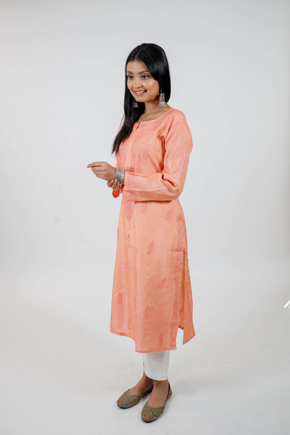 Orange Chanderi Silk Chikankari Kurti