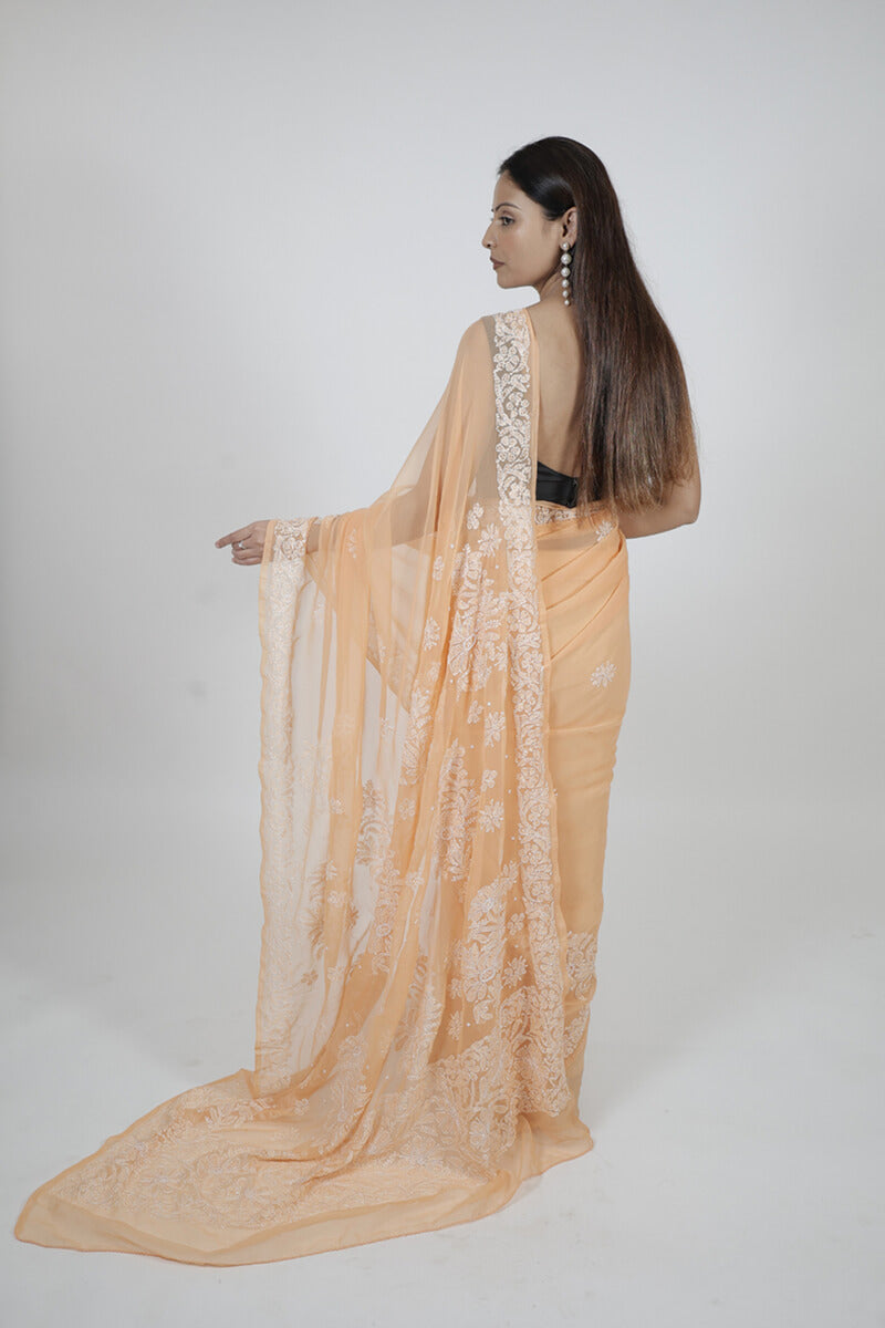 Peach Chikankari Saree with Pearl & Katdana Work
