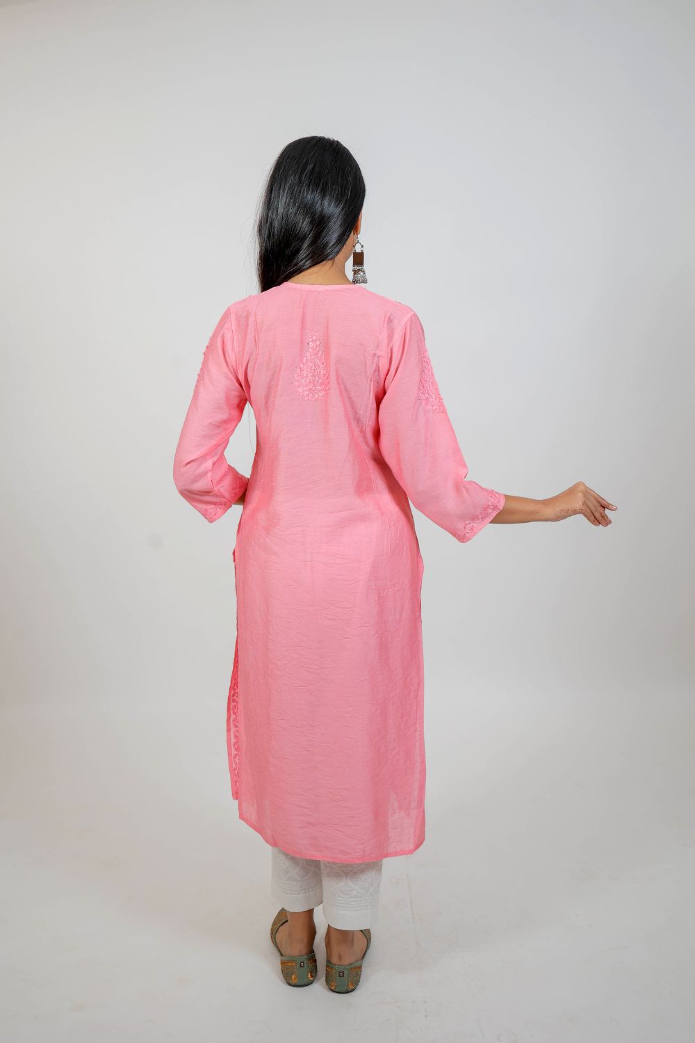 Pink Chanderi Silk Chikankari Kurti