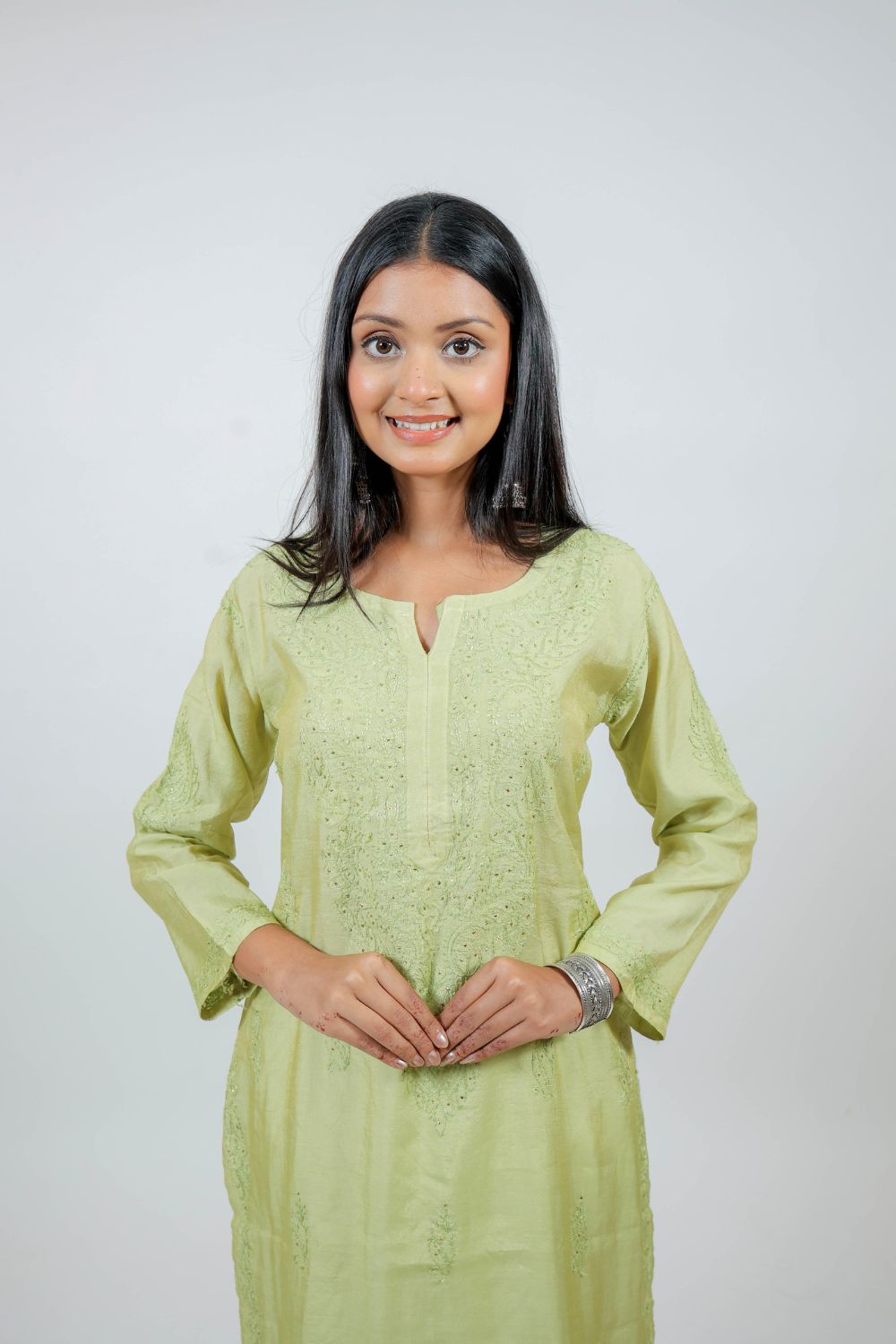 Parrot Green Chanderi Silk Chikankari Kurti