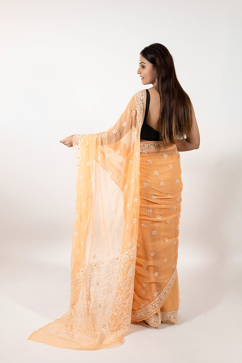 Orange Chikankari Saree with Mukesh Work & Floral Motif Embroidery