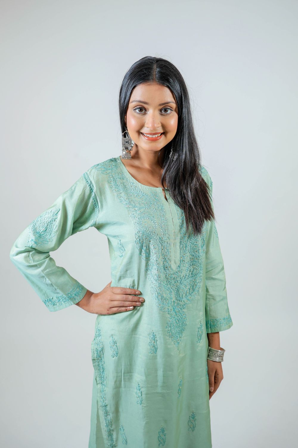 Mint Green Chanderi Silk Chikankari Kurti