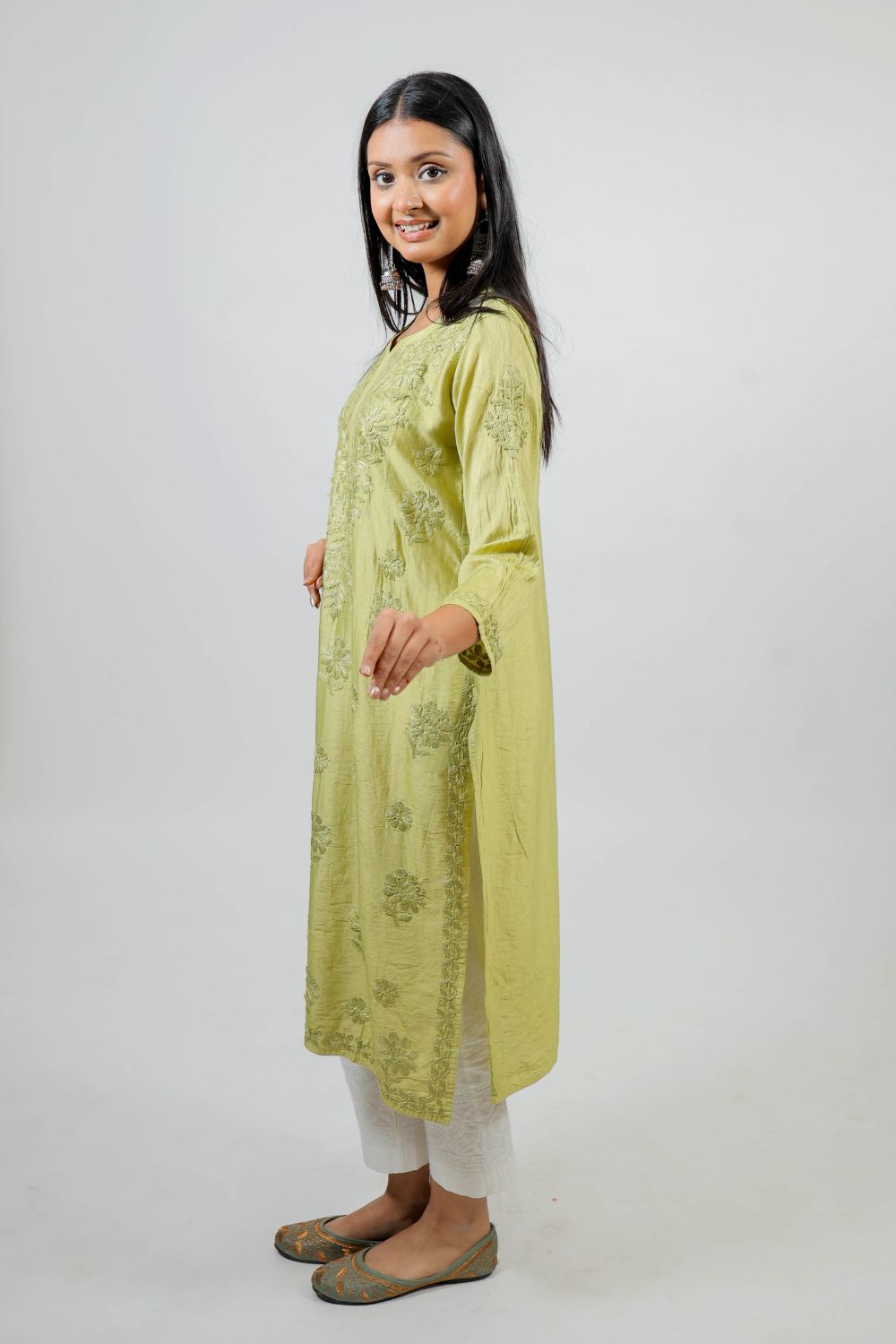 Mehendi Green Chanderi Silk Chikankari Kurti