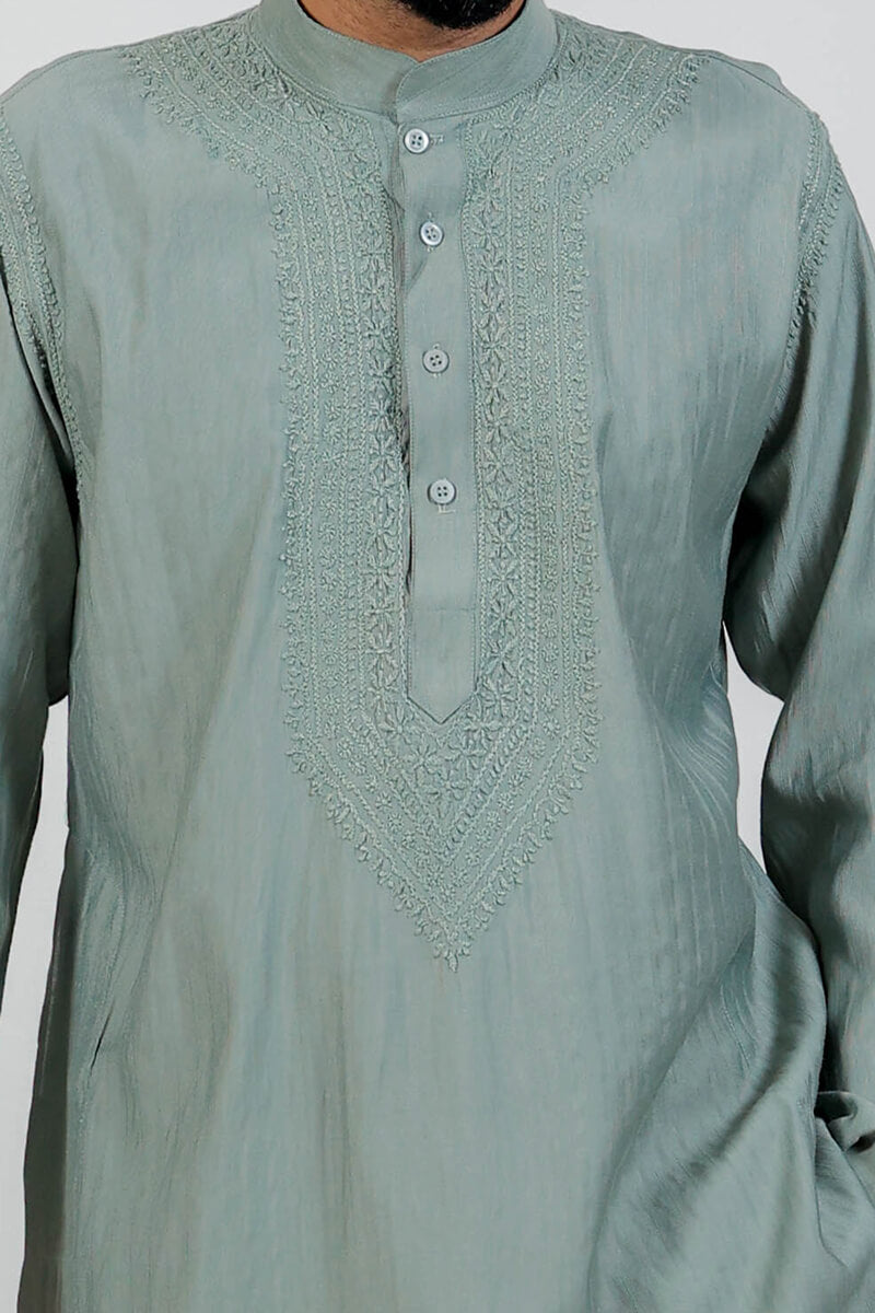 Sage Green Soft Cotton Chikankari Men Kurta