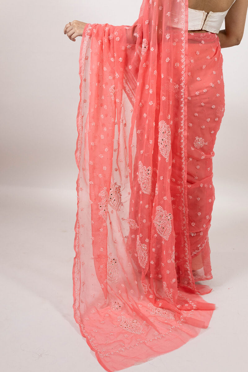 Rosy Pink Saree with Mukesh Work & White Thread Embroidery