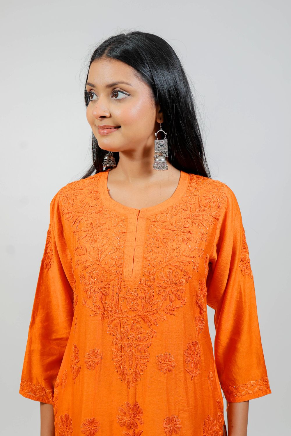 Rust Chanderi Silk Chikankari Kurti