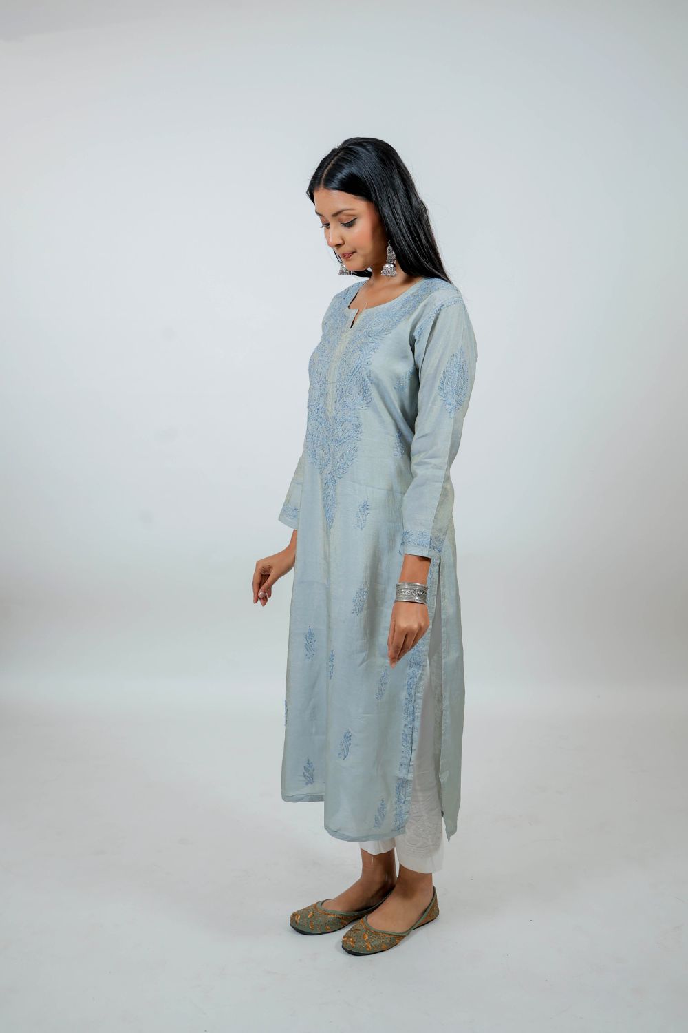Grey Chanderi Silk Chikankari Kurti