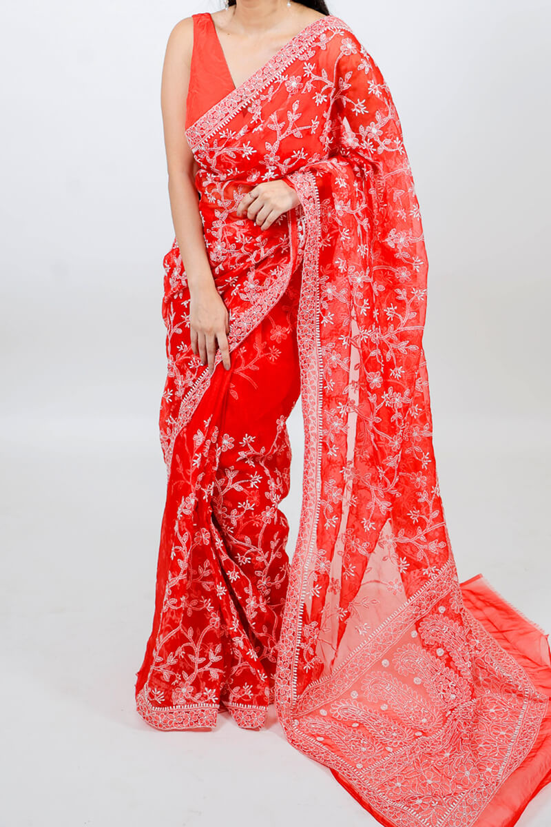 Red Organza Tissue Saree with Chikankari Embroidery