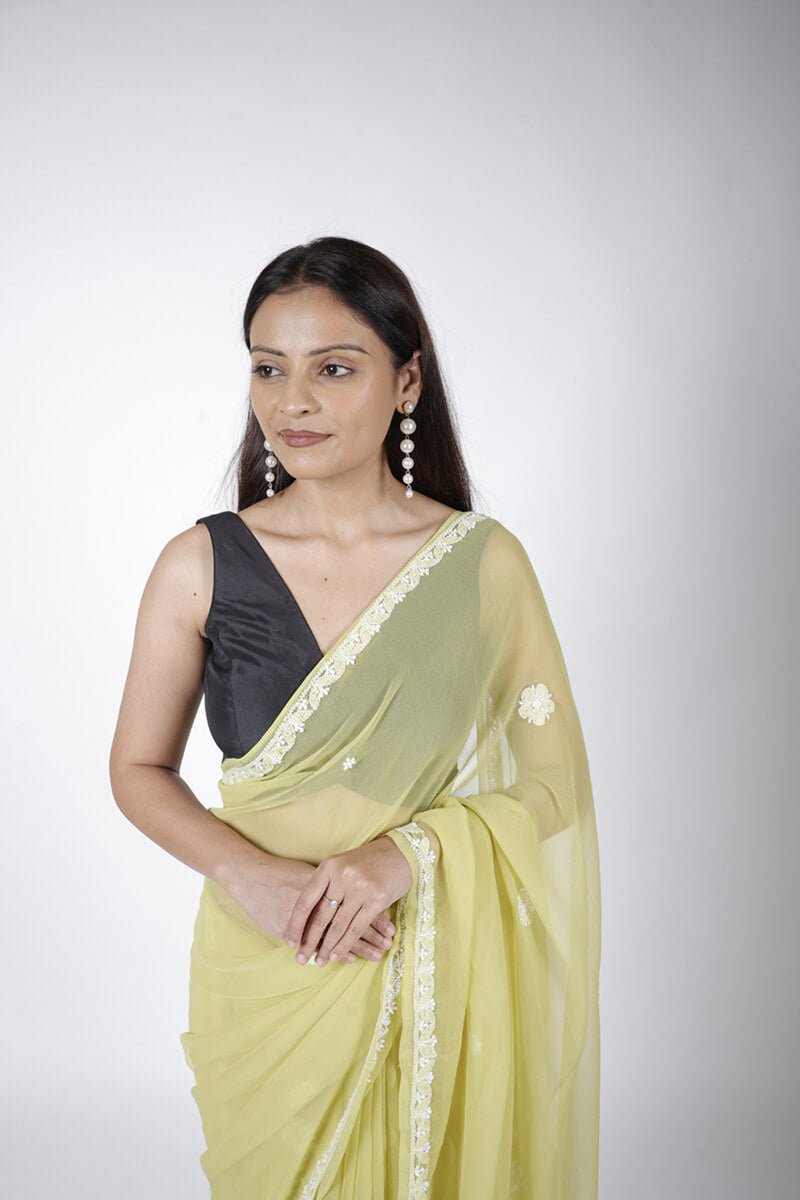 Mehndi Green Georgette Saree with Pearl & Katdana Work