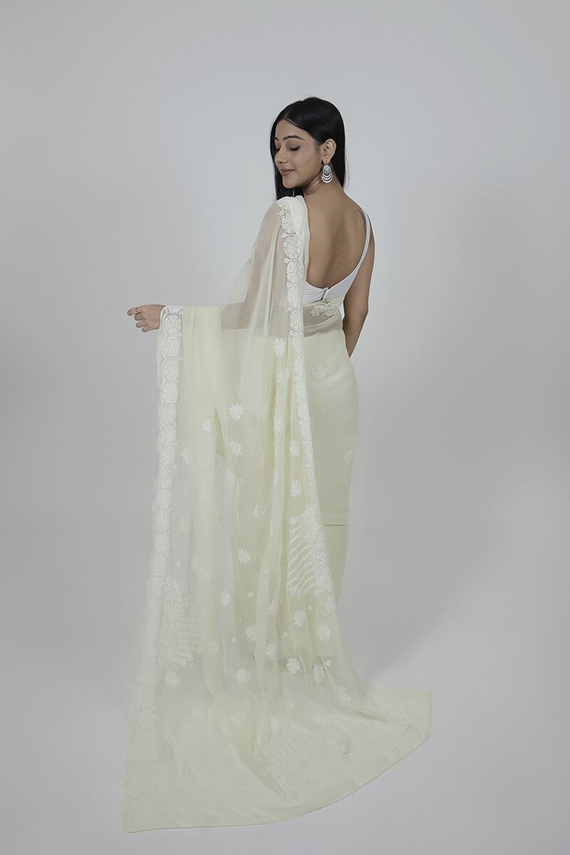 Pale Beige Georgette Saree with Pearl & Katdana Work