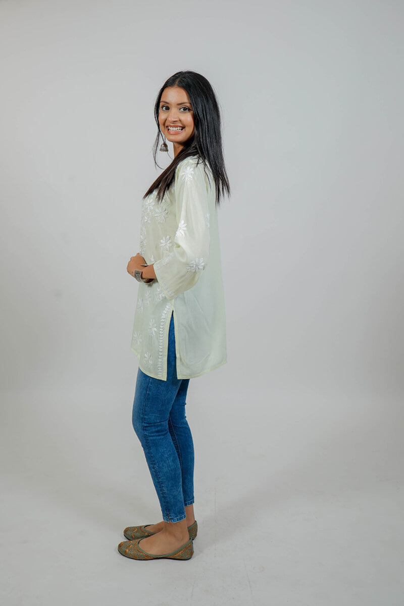 Lime Yellow Mul Cotton Chikankari Short Kurti