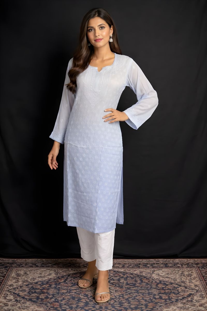 Electric Blue Ombre Modal Silk Chikankari Kurta