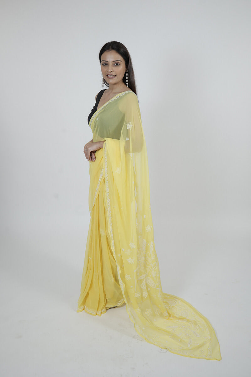 Yellow Georgette Saree with Pearl & Katdana Work