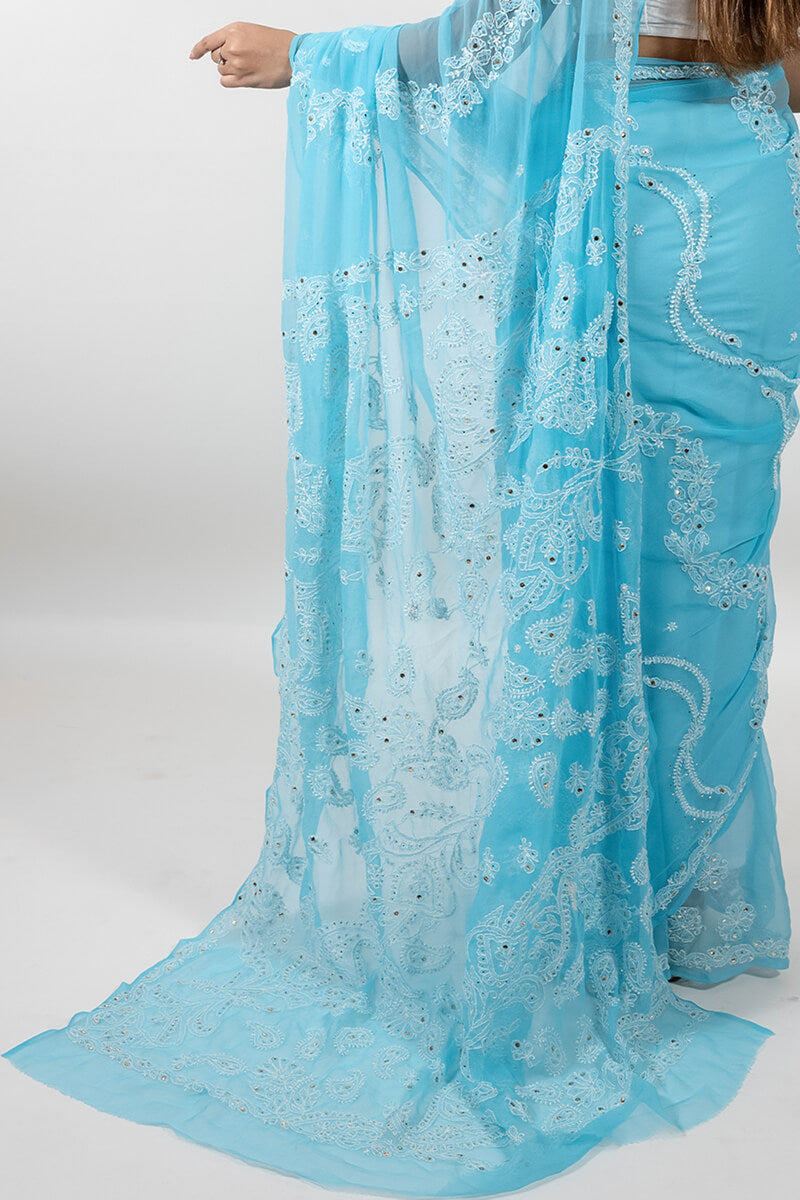 Sea Blue Chikankari Saree with Mukesh Work