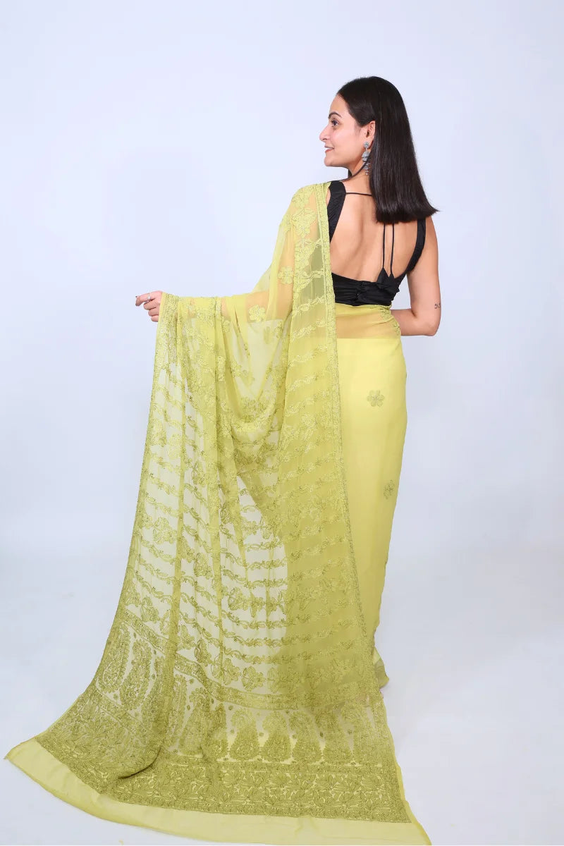 Olive Green Georgette Saree with Sophisticated Chikankari Embroidery