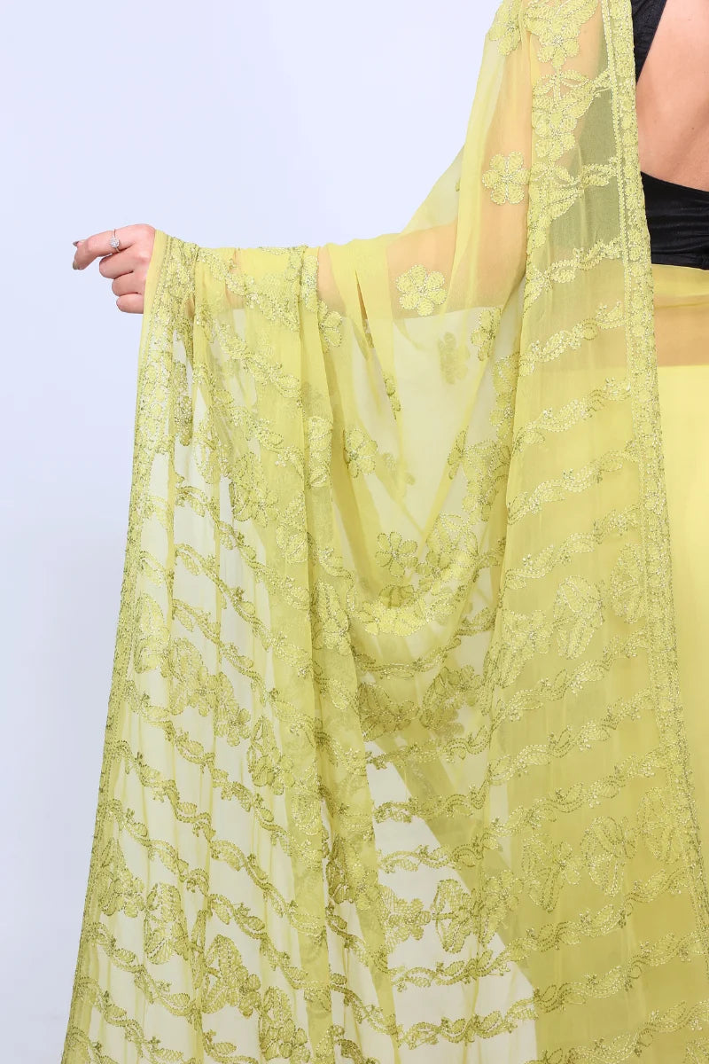 Olive Green Georgette Saree with Sophisticated Chikankari Embroidery