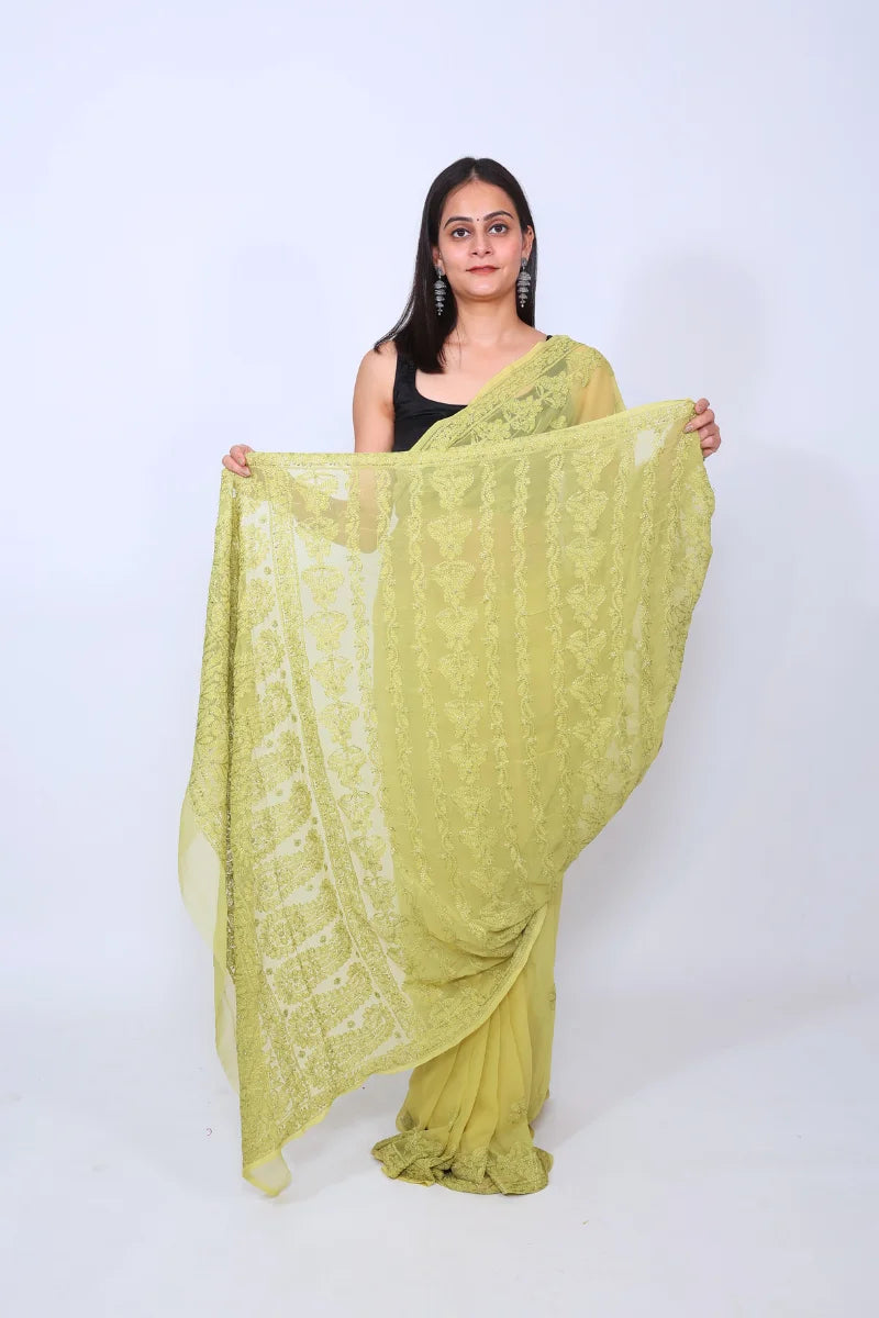 Olive Green Georgette Saree with Sophisticated Chikankari Embroidery