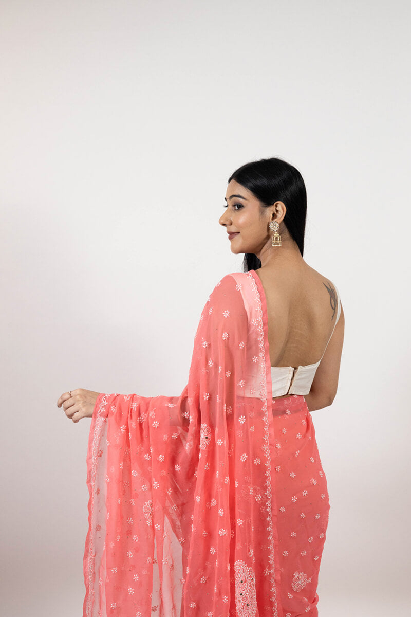 Rosy Pink Saree with Mukesh Work & White Thread Embroidery