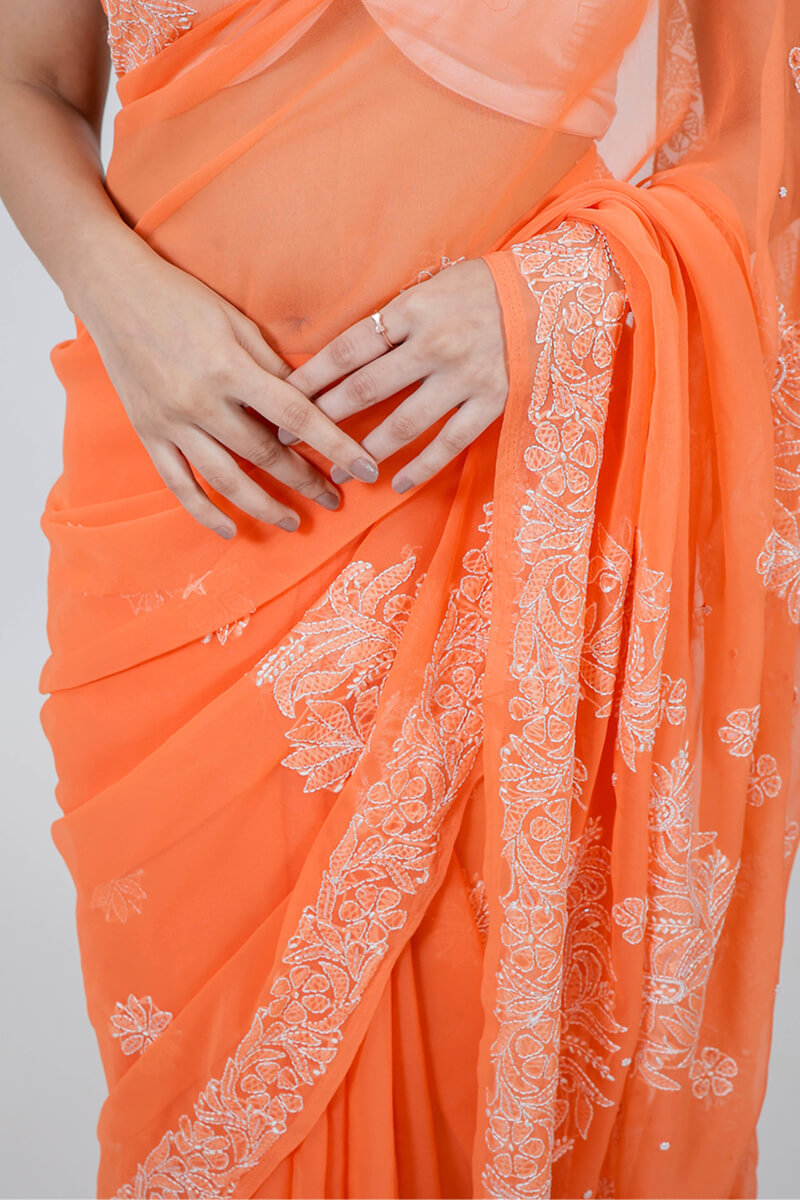 Orange Georgette Saree with Pearl & Katdana Work
